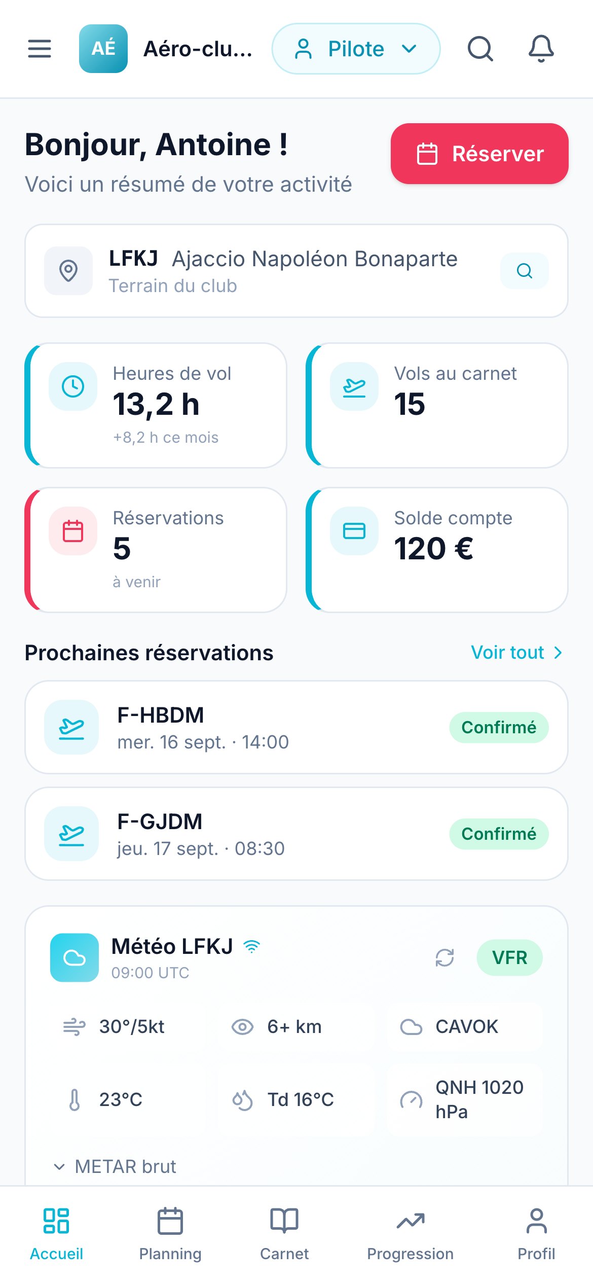 Tableau de bord sur téléphone : heures de vol, vols au carnet, réservations et solde.